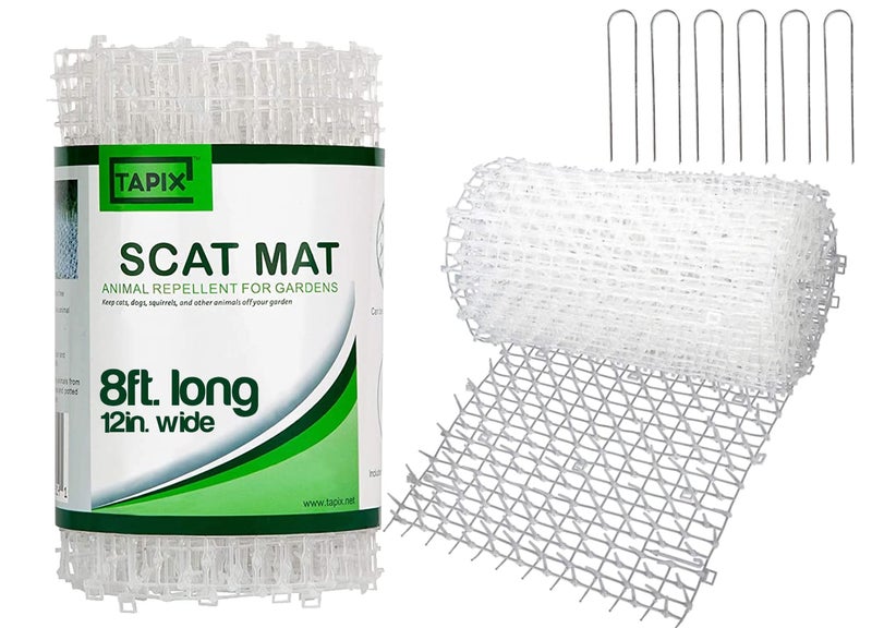 Tapix Cat Scat Mat Clear (8 ft.) with 6 Staples, Anti-cat Network with Spikes Digging Stopper - Cat Deterrent Mat for Indoor and Outdoor - Image 1